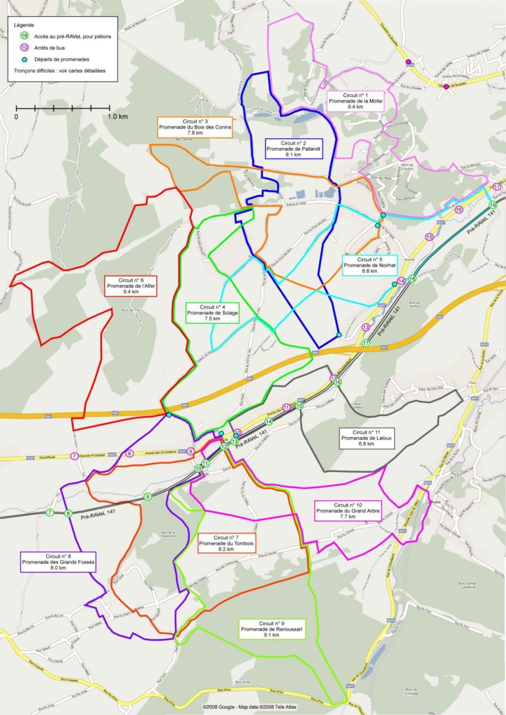 Carte reprenant le tracé des 11 promenades de Bousval imaginées par les Amis de Bousval