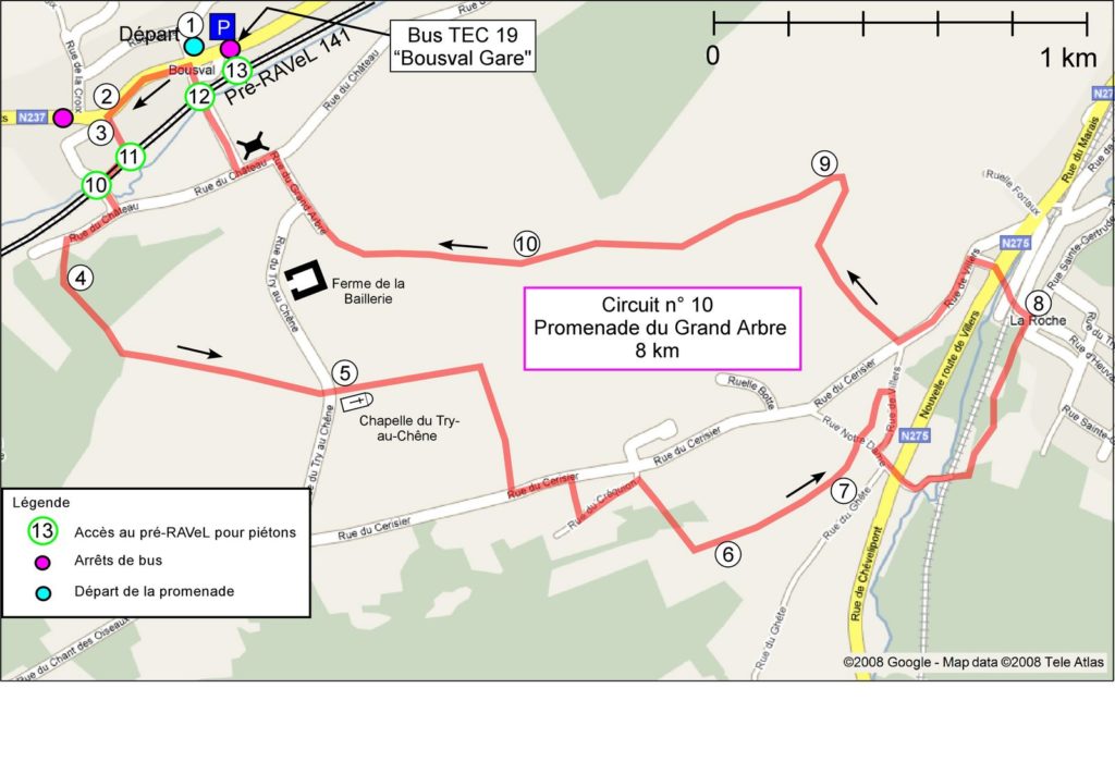 Carte avec le tracé de la promenade et l'emplacement des points de repères