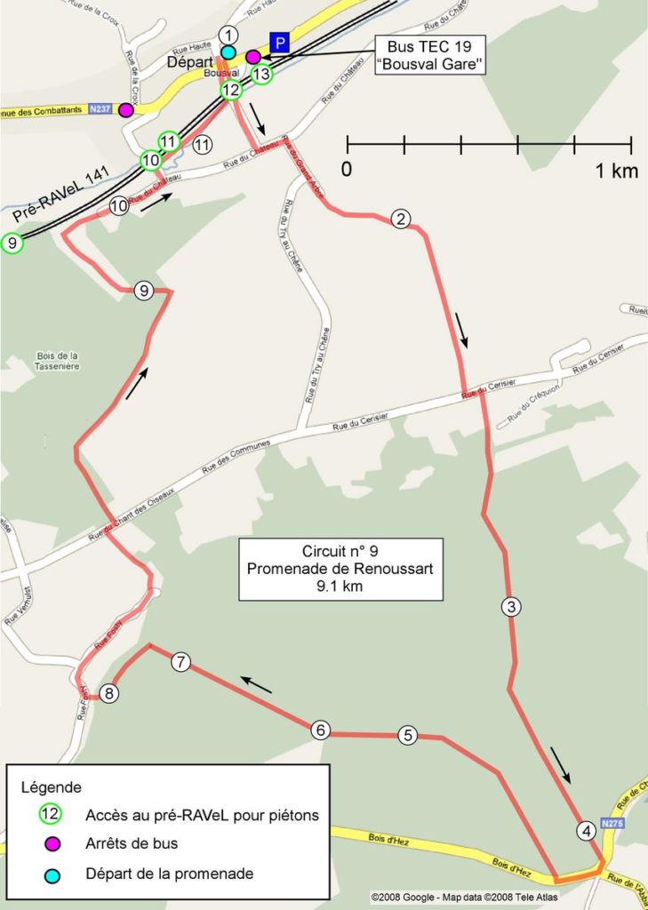 Carte reprenant le tracé de la promenade de Renoussart ainsi que l'emplacement des points de repères