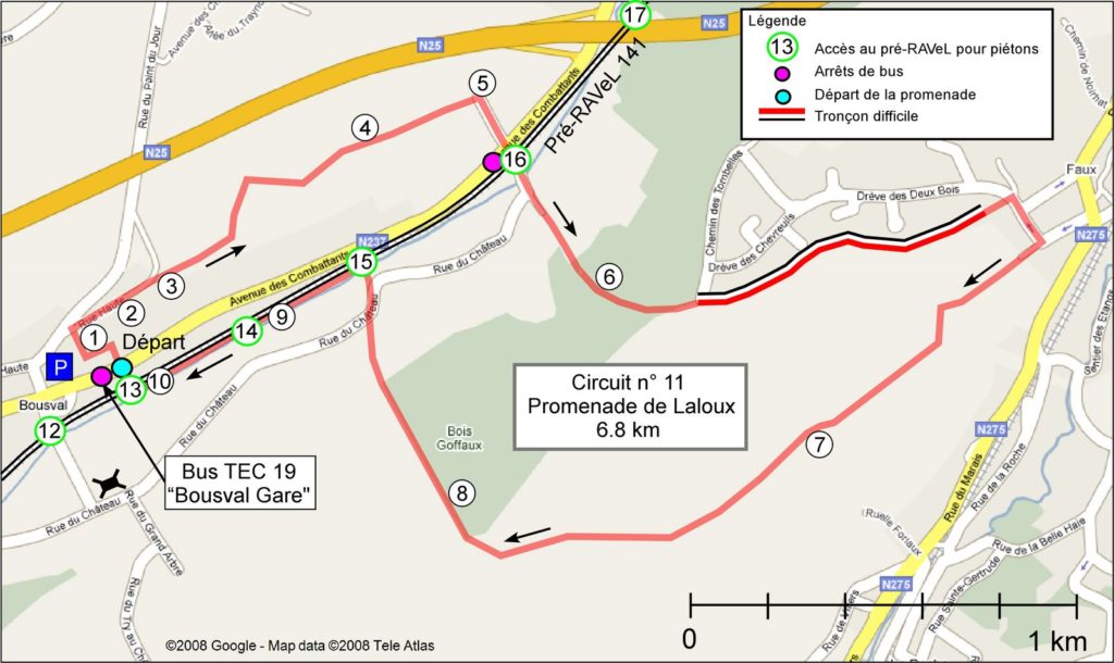 carte reprenant le tracé et l'emplacement des points de repères du circuit 11 promenade de Laloux à Bousval