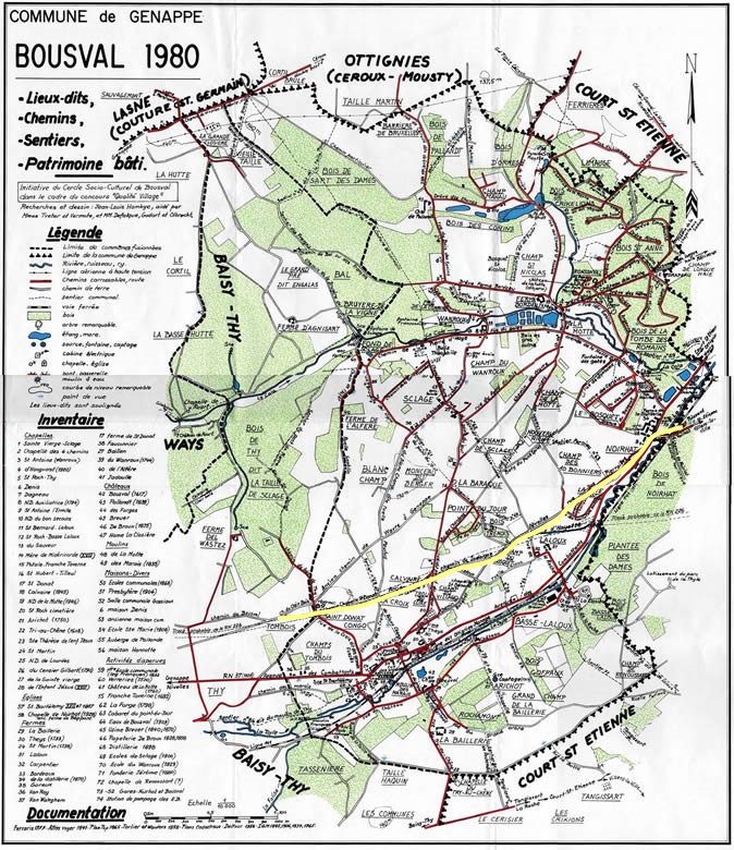 Carte de Bousval en 1980 avec le tracé du Grand Chemin de Perwez en jaune