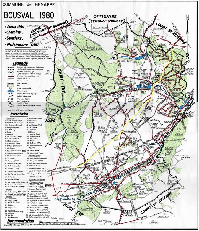 Carte de Bousval en 1980 avec le tracé du Vieux Chemin de Wavre en jaune
