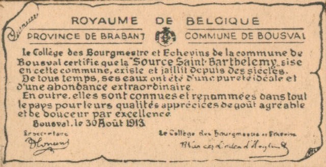 Sources de Bousval : certificat de la commune attestant l'existence et la pureté de la source St Barthélemy daté du 30 août 1913