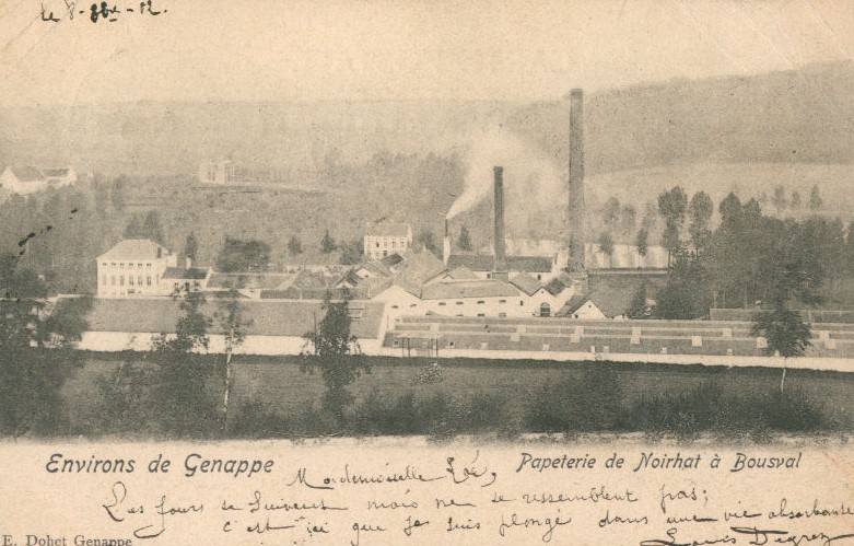 Ancienne carte postale représentant la papeterie De Broux à Noirhat en 1902