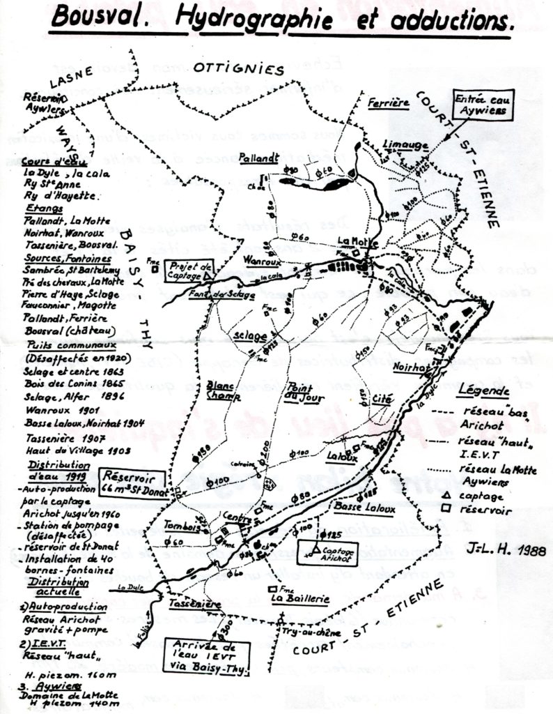 Carte du réseau hydrographique et des adductions d'eau à Bousval établie par J.L. Hambye (1988)