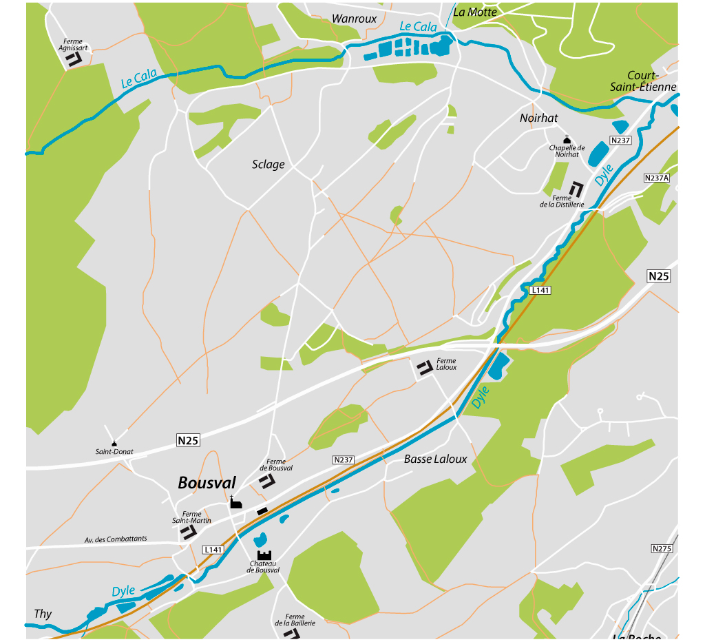 Carte du territoire de Bousval montrant ses deux vallées - en fer à cheval - de la Dyle et du Cala entourant un vaste plateau surélevé et bordées de versants boisés