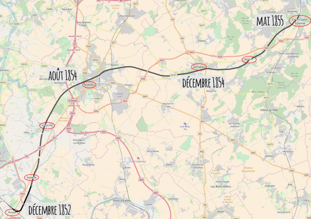 Tracé et dates de construction de la ligne de chemin de fer n°141 Manage-Wavre