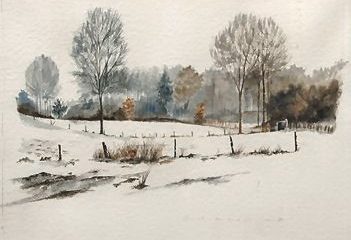 Tableau primé en 1978 de Monique van Réthy "Bousval sous la neige"