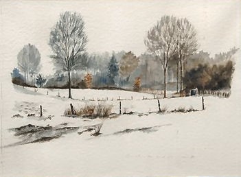 Tableau primé en 1978 de Monique van Réthy "Bousval sous la neige"