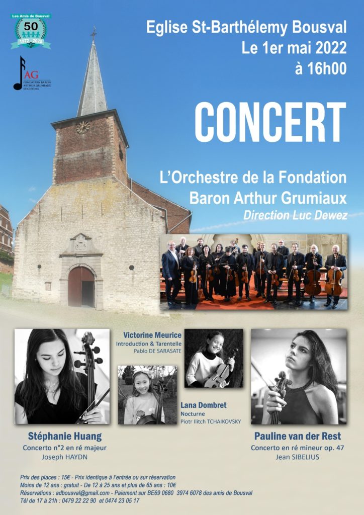 Affiche du concert de musique classique violon et violoncelle accompagné par l'Orchestre Fondation Baron Arthur Grumiaux sous la direction de Luc Dewez (01 05 2022)