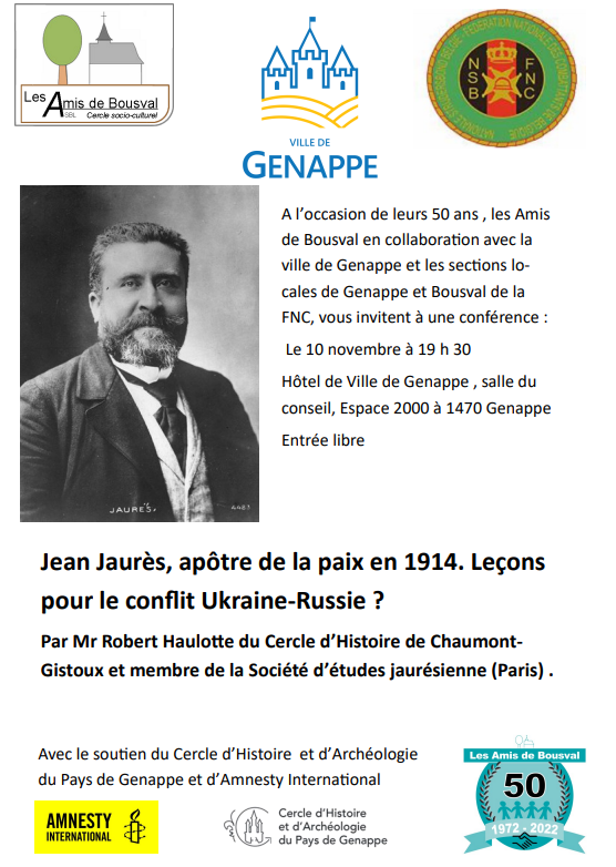Affiche de la conférence de Robert Haulotte « Jean-Jaurès, apôtre de la paix en 1914. Leçons pour le conflit Ukraine-Russie ? »