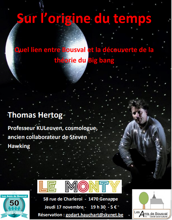 Affiche de la conférence sur l'origine du temps : quel lien entre Bousval et la théorie du Big Bang par Thomas Hertog