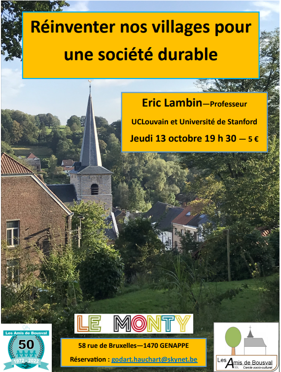 Affiche de la conférence "Réinventer nos villages pour une société durable" par le Professeur Eric Lambin