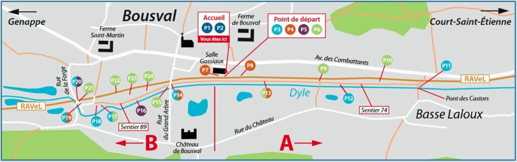 Plan du circuit "Entre Dyle et RAVeL" indiquant l'emplacement des panneaux
